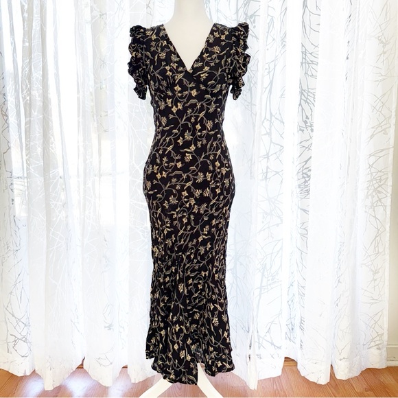 DOEN BRINDILLE BLACK GRAY CREAM FLORAL SCROLL PRINT V-NECK MAXI DRESS - Picture 1 of 13